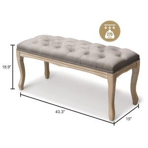 English Elm Bedroom Bench Tufted Linen Seat with Carved Distressed Wood Legs French Country Style Grey W3244P493669