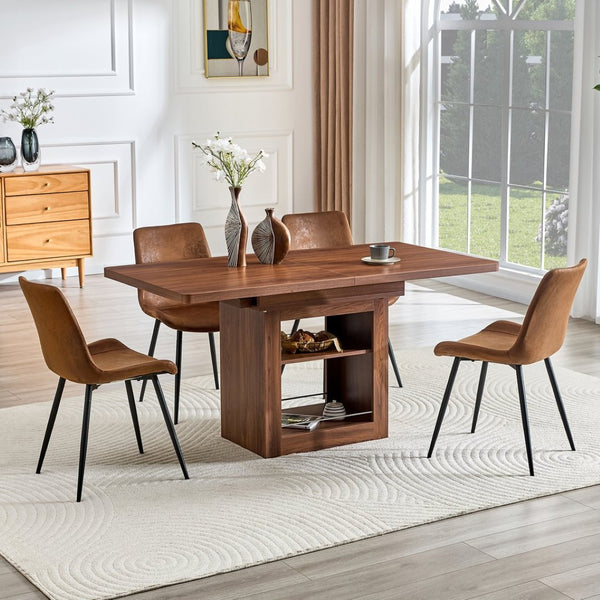 English Elm Expandable Walnut Mdf Dining Set with Storage Base and Four Fabric Chairs W1151S04714