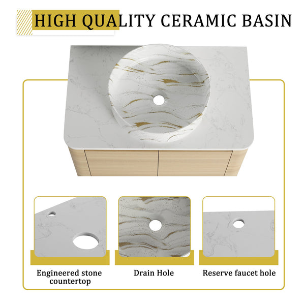 English Elm 30'' Wall-Mounted Bathroom Vanity With Elegant Ceramic Sink, Soft-Close Doors & Space-Saving Design W999S00464