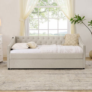 English Elm Twin Daybed with Pull Out Trundle Usb Charging Tufted Upholstered Sofa Guest Bed Beige W1413S00156