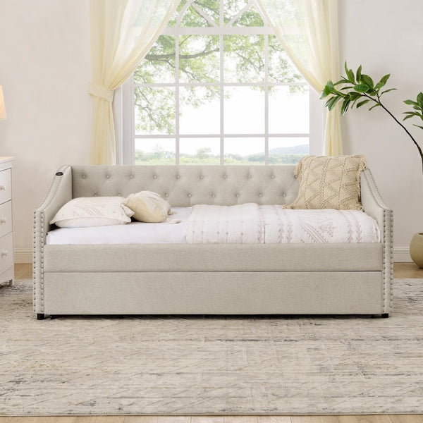 English Elm Twin Daybed with Pull Out Trundle Usb Charging Tufted Upholstered Sofa Guest Bed Beige W1413S00156