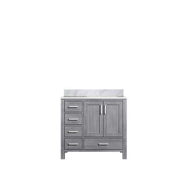 English Elm Distressed Grey Bath Vanity With Carrara Marble Top, Right Offset Design, Stylish Storage Solutions B2731P258841