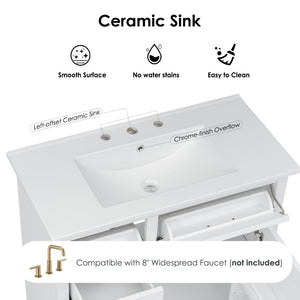English Elm 36" Modern White Bathroom Vanity with Ceramic Undermount Sink, Heavy-Duty Storage & Soft-Close Drawers W2896P318472