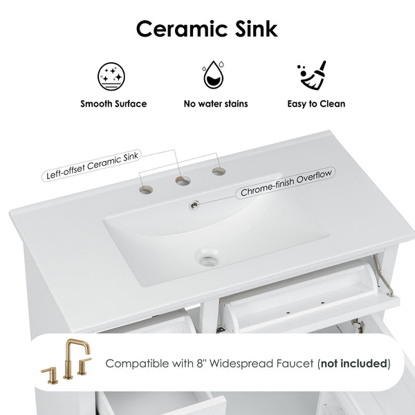 English Elm 36" Modern White Bathroom Vanity with Ceramic Undermount Sink, Heavy-Duty Storage & Soft-Close Drawers W2896P318472