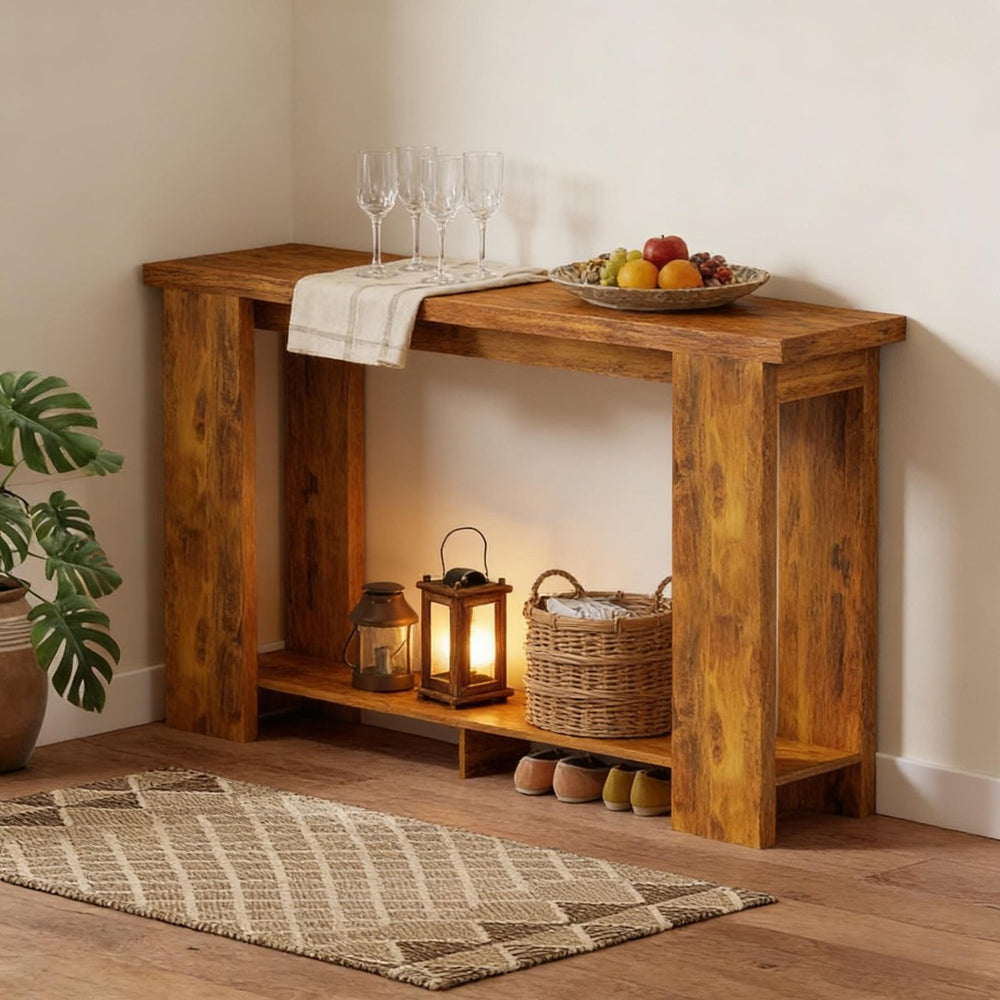 English Elm Modern Farmhouse Console Table Slim Entryway Sofa Accent with Open Storage Shelf Distressed Brown T3971P481617