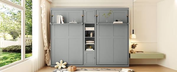 English Elm Dual Twin Murphy Beds with Built-In Cabinets & Shelves for Space-Saving Guest Rooms and Studios Gray N820S00058E