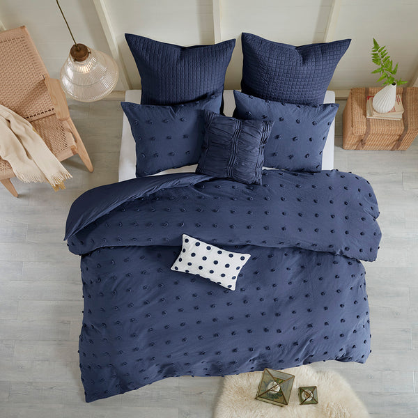 JLA Home Urban Habitat - Cotton Brooklyn Jacquard Duvet Cover Set with Tufted Chenille Dots, Euro Shams & Decorative Pillows Navy UH12-2266