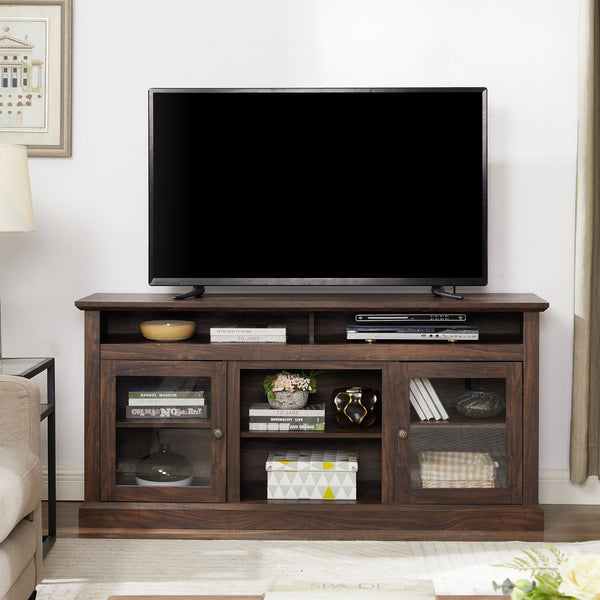 English Elm Modern TV Stand 60" Brown Entertainment Center for TVs up to 65" with Glass Doors, 3 Adjustable Shelves, Cable Management and Durable MDF Construction W2275P210030