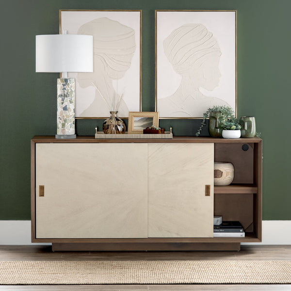 Crestview Collection Rustic 4 Door Media Credenza - Elegant Bayur Wood Sideboard With Cream Doors & Cord Management Brown Solid Wood Cvfdr1049
