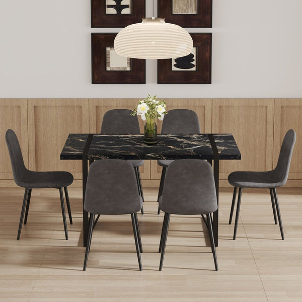 English Elm Table Modern Black Marble Dining Set With 6 Dark Gray Chairs - Stylish, Durable, Perfect For Any Space W1151S03839-GIGA
