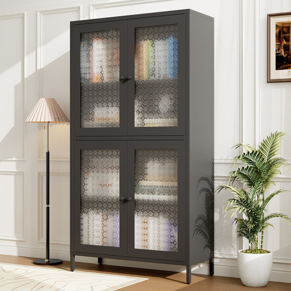 English Elm Classic Metal Storage Cabinet With 4 Glass Doors - Stylish Freestanding Bookcase For Any Room W2378P176269