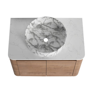 English Elm 30'' Wall-Mounted Bathroom Vanity With Elegant Ceramic Art Sink, Soft-Close Doors & Space-Saving Design W999S00390