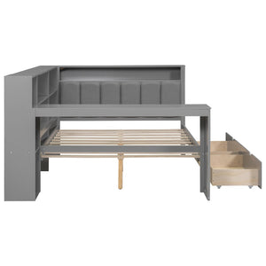 English Elm Wood Full Platform Bed with Led Headboard Built-in Desk Charging Station and Storage Shelves Grey N7090001047E-1