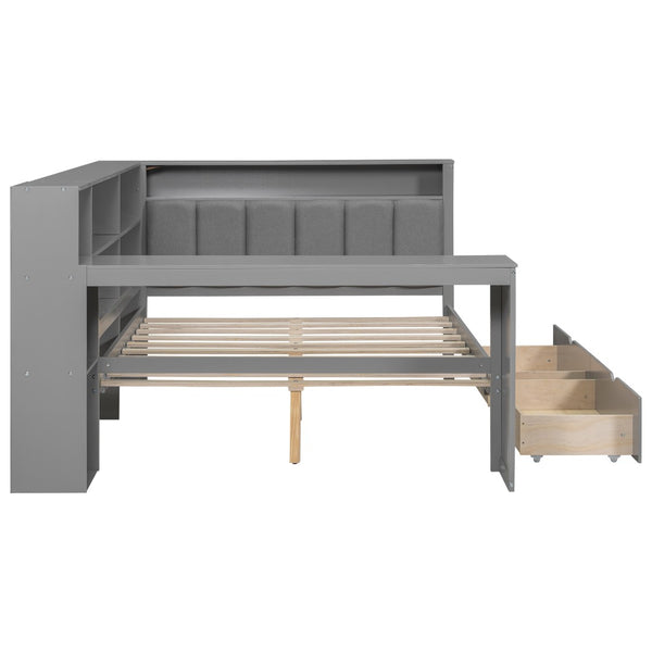 English Elm Wood Full Platform Bed with Led Headboard Built-in Desk Charging Station and Storage Shelves Grey N7090001047E-1