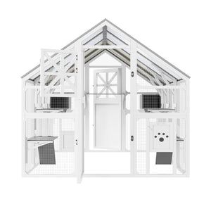 English Elm Large Walk-in Pine Wood Catio Enclosure with Platforms Resting Boxes and Planter Grey,White N704G201618K