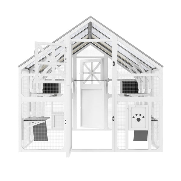 English Elm Large Walk-in Pine Wood Catio Enclosure with Platforms Resting Boxes and Planter Grey,White N704G201618K