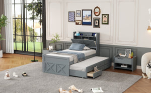 English Elm Twin Storage Bed with Headboard Outlets, Extendable Trundle & 3 Drawers, Durable MDF/Plywood Design Gray 45.5 L x 21.5 W x 8 H N733S172839E