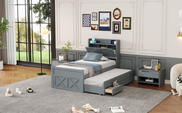 English Elm Twin Storage Bed with Headboard Outlets, Extendable Trundle & 3 Drawers, Durable MDF/Plywood Design Gray 45.5 L x 21.5 W x 8 H N733S172839E