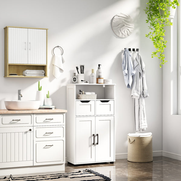 English Elm Bathroom Wall Cabinet White & Natural Wood with Wavy Doors, Adjustable Shelf, Bottom Storage, Easy Install W3151P288945