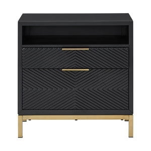 Homelegance Lena Black Nightstand with Chevron Panels Brass Handles and Built-in Usb Ports 265B-4