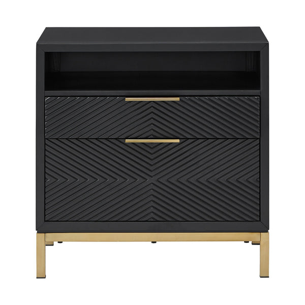 Homelegance Lena Black Nightstand with Chevron Panels Brass Handles and Built-in Usb Ports 265B-4