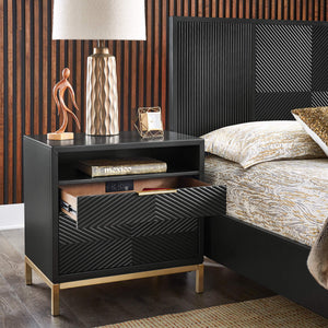 Lena Black Nightstand with Chevron Panels Brass Handles and Built-in Usb Ports
