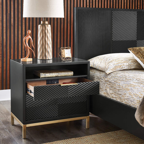 Lena Black Nightstand with Chevron Panels Brass Handles and Built-in Usb Ports
