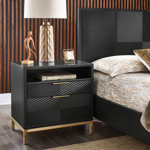 Lena Black Nightstand with Chevron Panels Brass Handles and Built-in Usb Ports