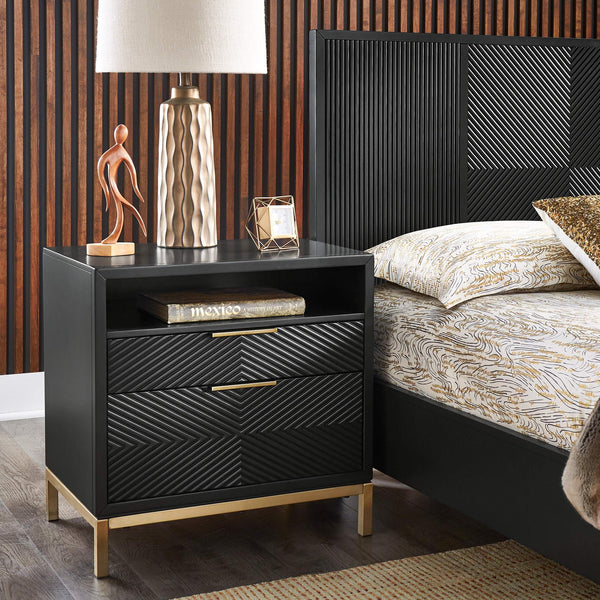 Lena Black Nightstand with Chevron Panels Brass Handles and Built-in Usb Ports