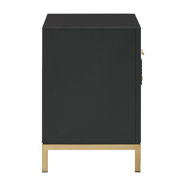 Lena Black Nightstand with Chevron Panels Brass Handles and Built-in Usb Ports