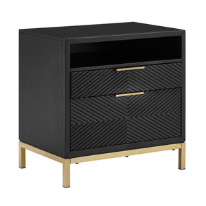 Lena Black Nightstand with Chevron Panels Brass Handles and Built-in Usb Ports