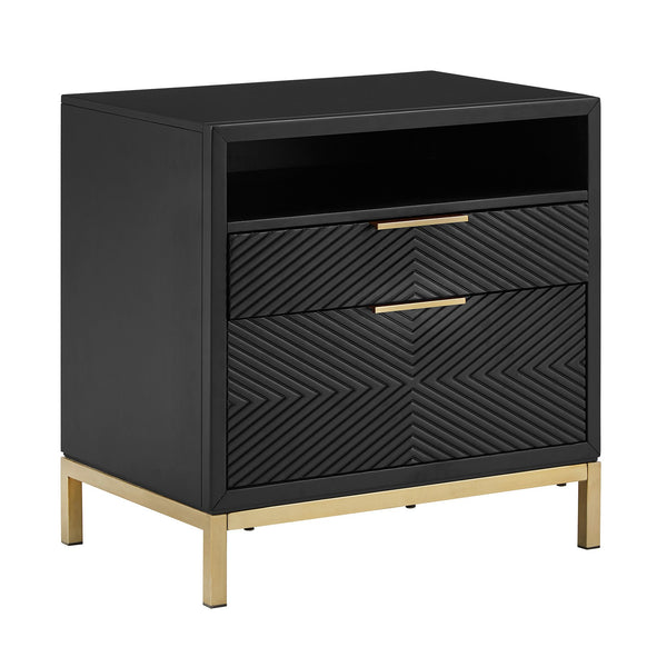 Lena Black Nightstand with Chevron Panels Brass Handles and Built-in Usb Ports