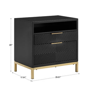 Lena Black Nightstand with Chevron Panels Brass Handles and Built-in Usb Ports