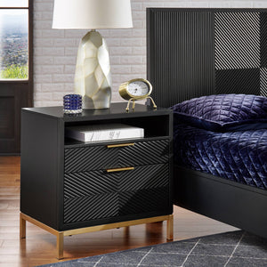 Lena Black Nightstand with Chevron Panels Brass Handles and Built-in Usb Ports