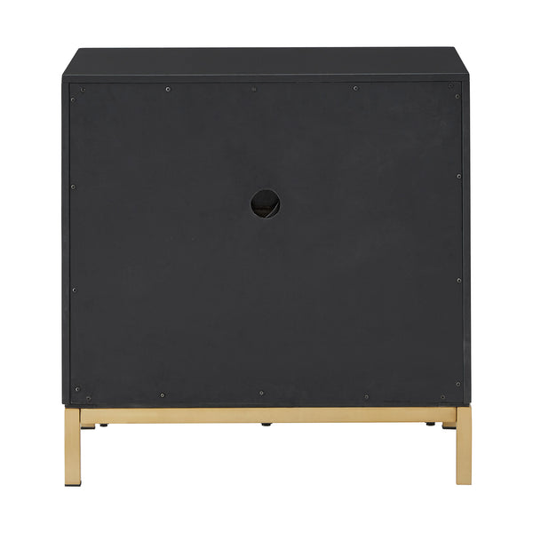 Lena Black Nightstand with Chevron Panels Brass Handles and Built-in Usb Ports