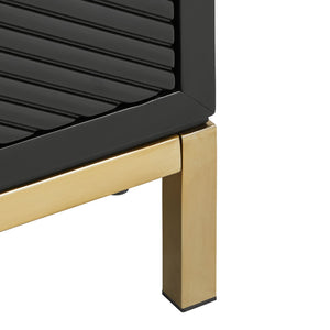 Lena Black Nightstand with Chevron Panels Brass Handles and Built-in Usb Ports