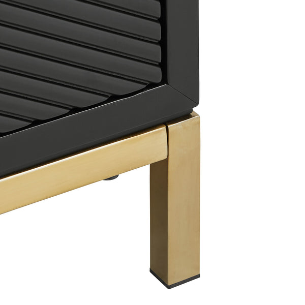 Lena Black Nightstand with Chevron Panels Brass Handles and Built-in Usb Ports