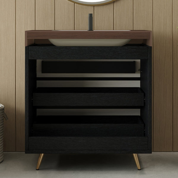 English Elm Modern Freestanding Bathroom Vanity with Vessel Sink Sintered Stone Gold Legs W3136S00047