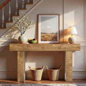 English Elm 63'' Farmhouse Console Table Rustic Wood Grain Sofa for Entryway or Hallway W3204P401255