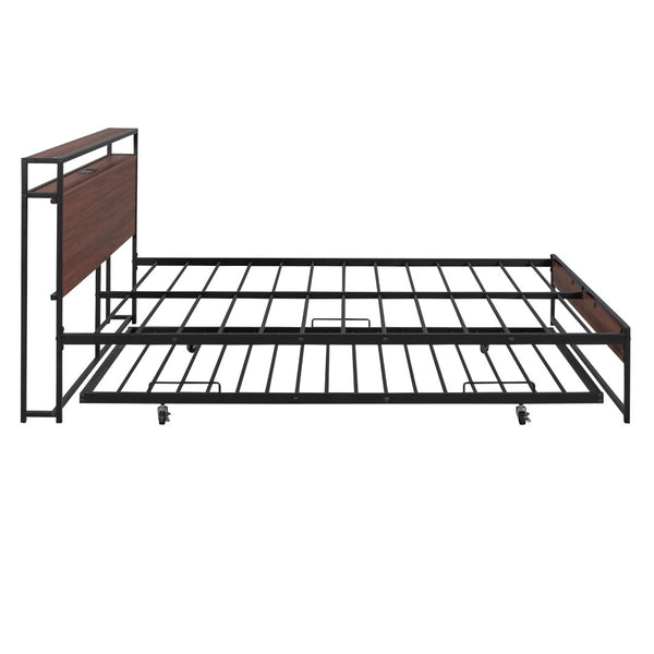 English Elm Queen Steel Platform Bed with Trundle Headboard Shelves and Built-in Usb Charging N708P477431B