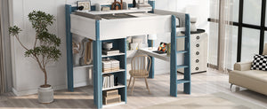 English Elm Full Size Wood Loft Bed With Desk, Storage Shelves & Clothes Rails - Modern Space-Saving Design N7090005007C