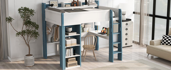 English Elm Full Size Wood Loft Bed With Desk, Storage Shelves & Clothes Rails - Modern Space-Saving Design N7090005007C