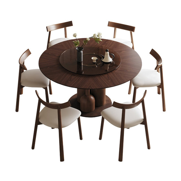 English Elm 59-inch Solid Oak Wabi-sabi Round Dining Set 6 Chairs Lazy Susan Japanese Craft W2700S00137