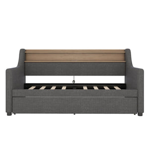 English Elm Twin Size Daybed And Trundle Set With Charging Station, Led Lights, Gray Upholstered Design, Modern Look W1580S00044-GIGA