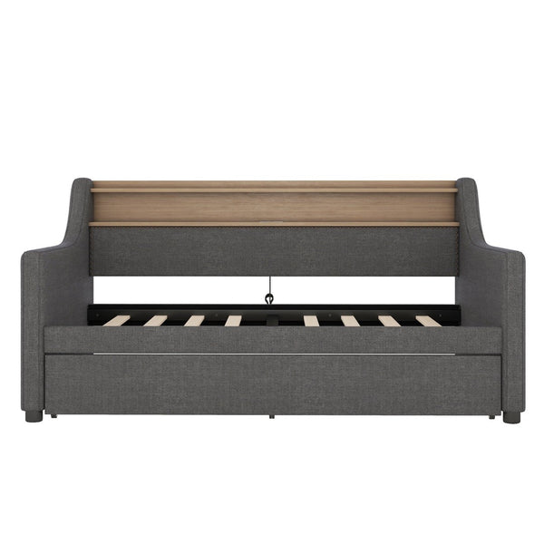 English Elm Twin Size Daybed And Trundle Set With Charging Station, Led Lights, Gray Upholstered Design, Modern Look W1580S00044-GIGA