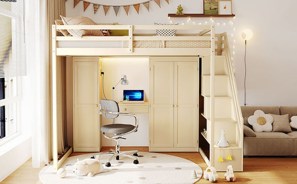 English Elm Full Size Loft Bed with Wardrobe Dressing Mirror Usb Ports and Teen Room Storage LT000276AAA
