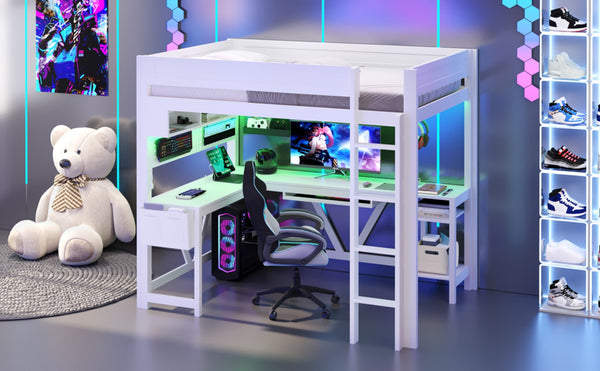 English Elm Wood Full Size Gaming Loft Bed With Desk, Led Lights, Storage Shelves & Charging Station - White N7090004022K-GIGA