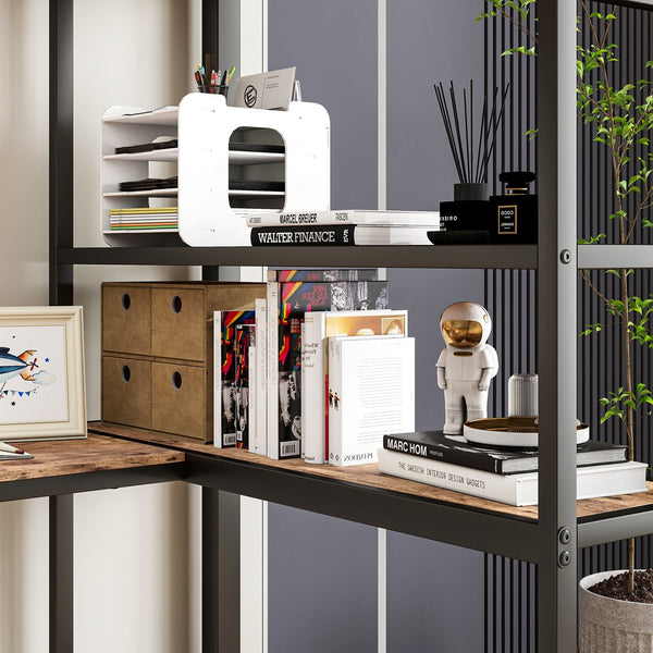 English Elm Twin Heavy Duty Loft Bed with L-Shape Desk, Shelves, USB Charging, LED Lights, Guard Rail, Brown W840P210910