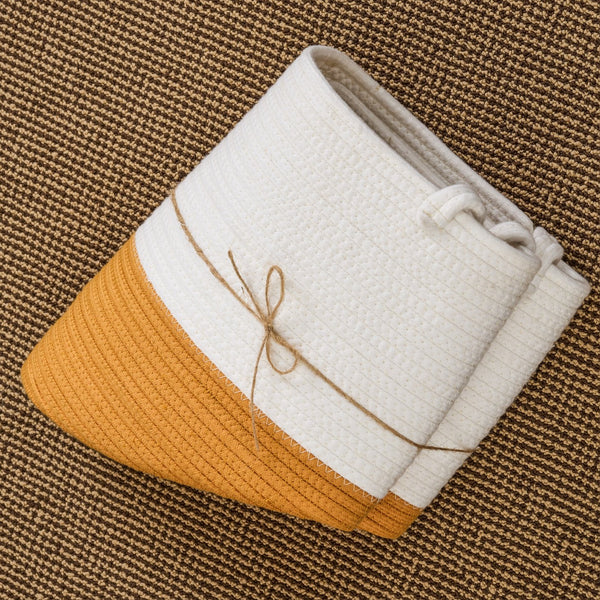 English Elm Cotton Round Laundry & Storage Basket with Sturdy Handles 21.7"x13" Spacious Neutral Two-Tone Design Orange,White B093P295088