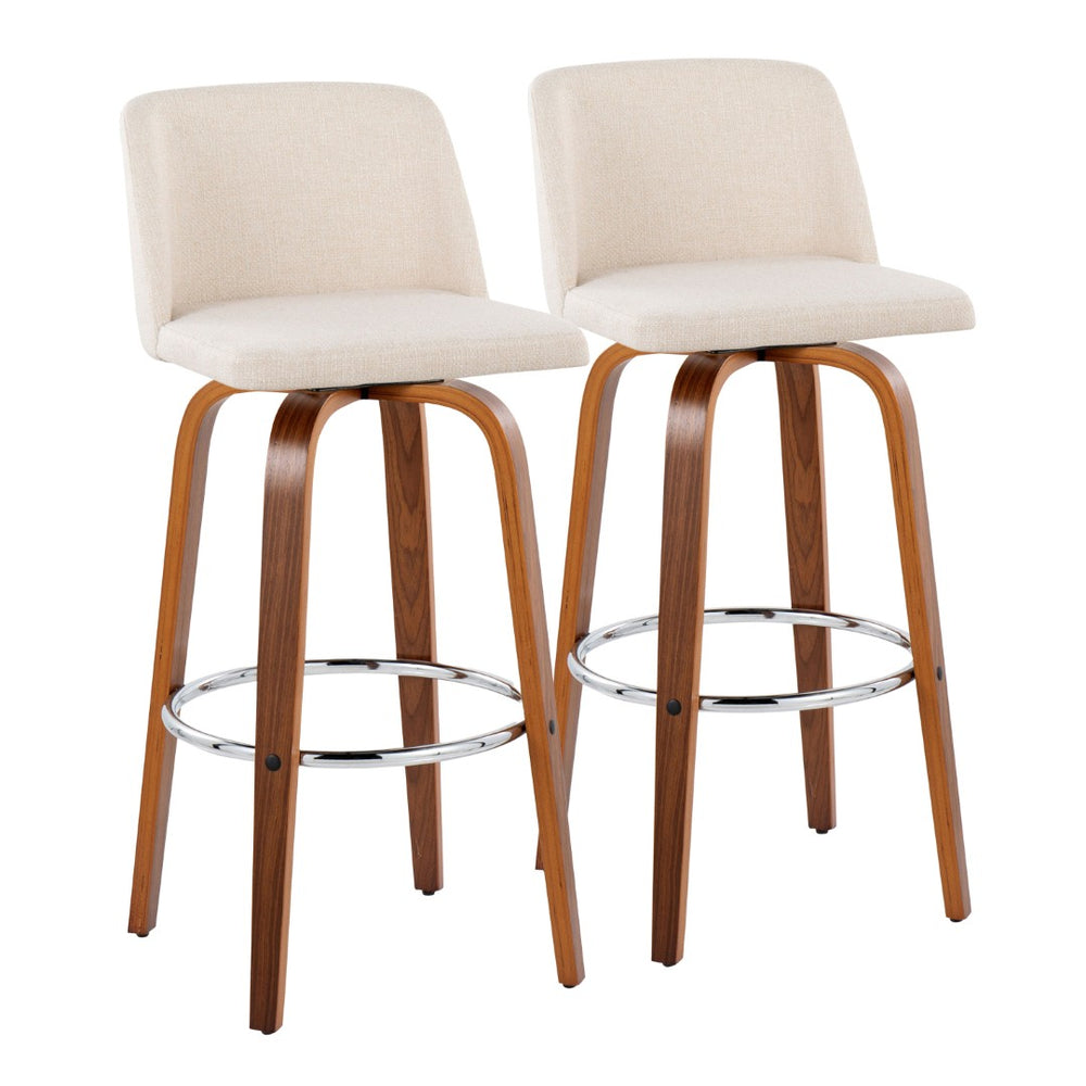 English Elm Toriano 30" Mid-Century Modern Barstools Set Of 2 With Swivel, Walnut Wood & Cream Fabric Comfort B202S00676-GIGA